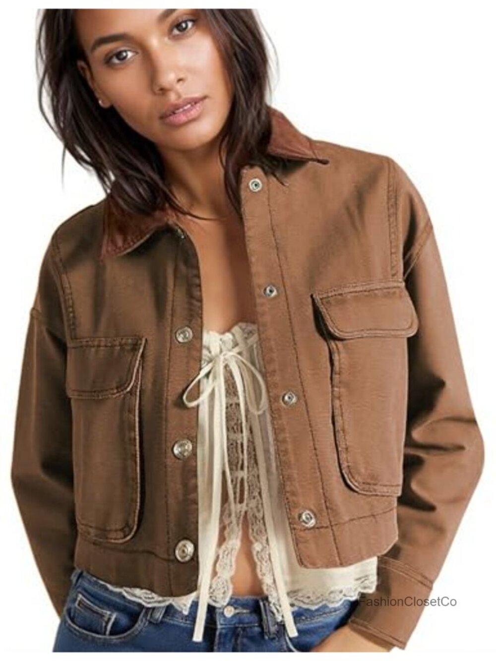 Womens Cropped Barn Jacket 100% Cotton Contrast Collar Button Utility Coat